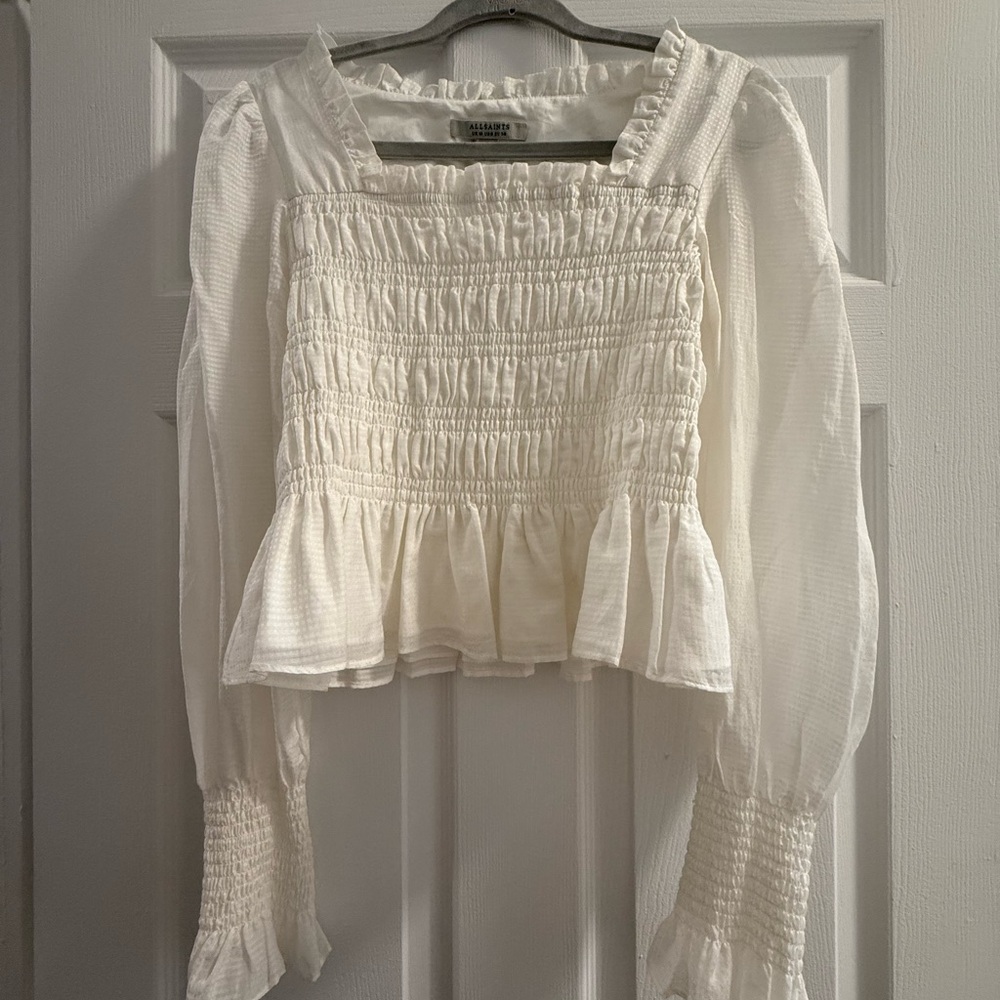 All Saints White Smocked Peplum Blouse